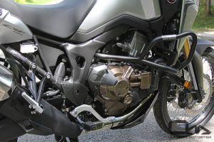 This skid plate and crash bars were designed to protect the Honda Africa Twin 1000 body and vital components around the engine in case of a fall or drop. Available at www.OutbackMotortek.com